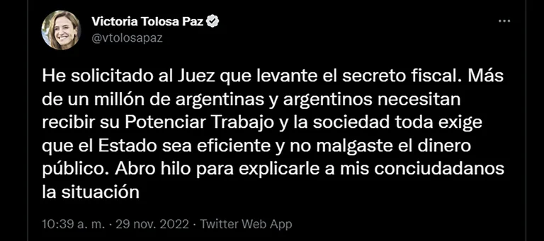 Causa Potenciar Trabajo: Tolosa Paz le pidió a la Justicia que levante el secreto fiscal