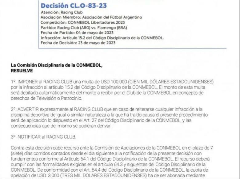 La CONMEBOL multó a Racing por gestos racistas de sus hinchas ante Flamengo