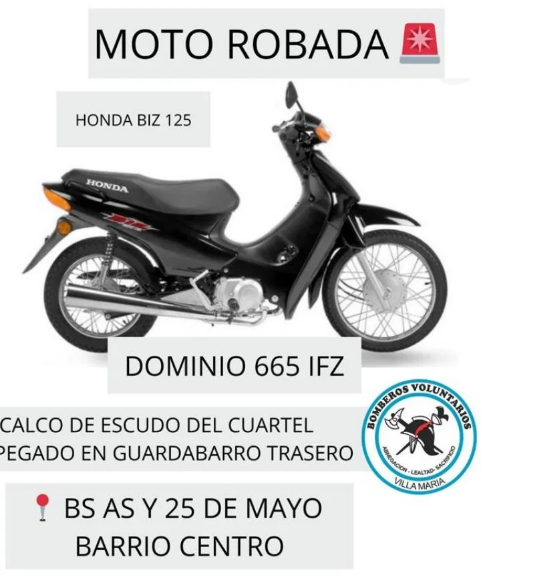 Buscan intensamente moto robada a un Bombero de Villa María