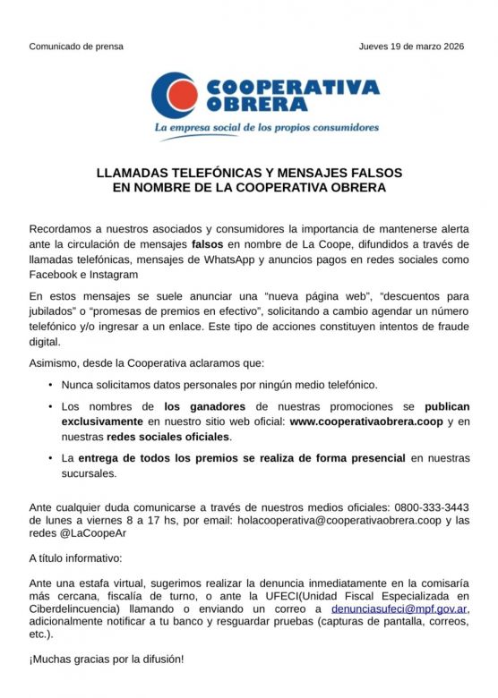 La Cooperativa Obrera advierte por una ola de estafas digitales en su nombre